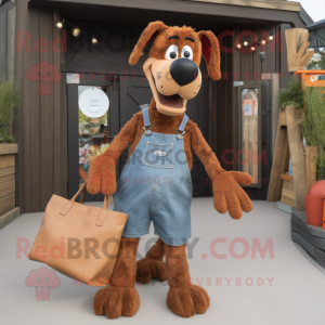 Rust Dog mascot costume character dressed with a Dungarees and Tote bags
