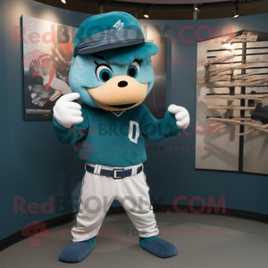 Teal Knife Thrower mascot costume character dressed with a Baseball Tee and Earrings