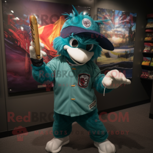 Teal Knife Thrower mascot costume character dressed with a Baseball Tee and Earrings