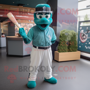 Teal Knife Thrower mascot costume character dressed with a Baseball Tee and Earrings