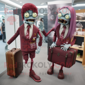 Maroon Zombie mascot costume character dressed with a Midi Dress and Briefcases