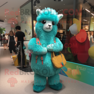 Turquoise Alpaca mascot costume character dressed with a One-Piece Swimsuit and Handbags