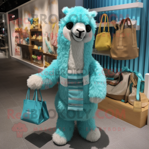 Turquoise Alpaca mascot costume character dressed with a One-Piece Swimsuit and Handbags