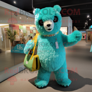 Turquoise Alpaca mascot costume character dressed with a One-Piece Swimsuit and Handbags