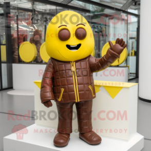 Lemon Yellow Chocolate Bar mascot costume character dressed with a Leather Jacket and Mittens