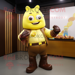 Lemon Yellow Chocolate Bar mascot costume character dressed with a Leather Jacket and Mittens