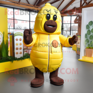 Lemon Yellow Chocolate Bar mascot costume character dressed with a Leather Jacket and Mittens