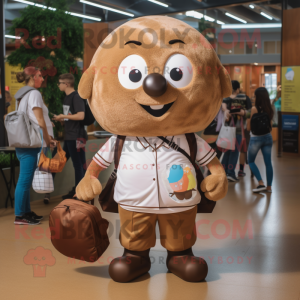 Brown Soccer Ball mascot costume character dressed with a Poplin Shirt and Messenger bags