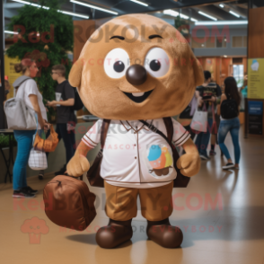 Brown Soccer Ball mascot costume character dressed with a Poplin Shirt and Messenger bags