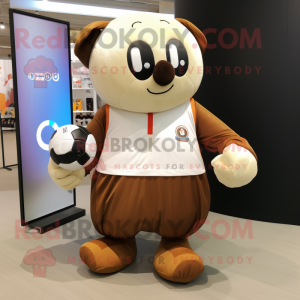 Brown Soccer Ball mascot costume character dressed with a Poplin Shirt and Messenger bags