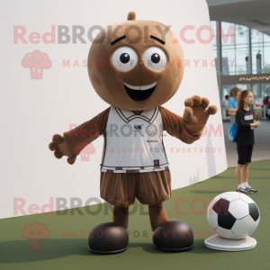 Brown Soccer Ball mascot costume character dressed with a Poplin Shirt and Messenger bags