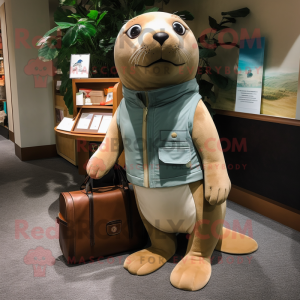 Tan Sea Lion mascot costume character dressed with a Chinos and Handbags