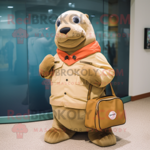 Tan Sea Lion mascot costume character dressed with a Chinos and Handbags