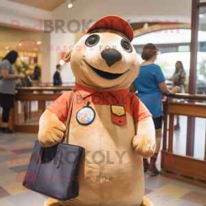 Tan Sea Lion mascot costume character dressed with a Chinos and Handbags