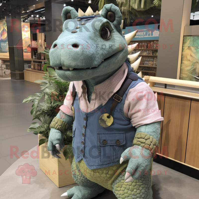 Olive Ankylosaurus mascot costume character dressed with a Chambray Shirt and Rings