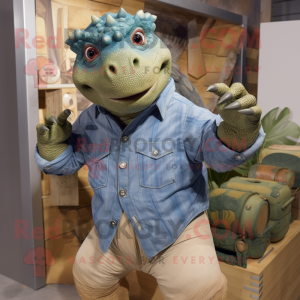 Olive Ankylosaurus mascot costume character dressed with a Chambray Shirt and Rings