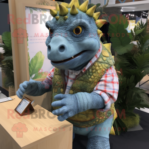 Olive Ankylosaurus mascot costume character dressed with a Chambray Shirt and Rings