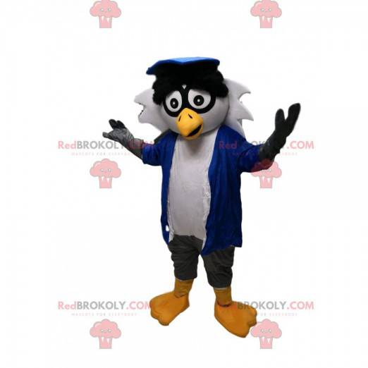 Gufi grigi mascotte con una giacca blu. Costume da gufi -