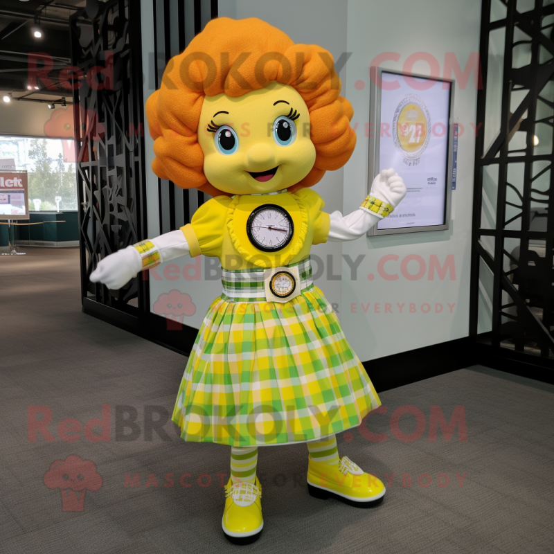 Lemon Yellow Irish Dancer mascot costume character dressed with a Flannel Shirt and Bracelet watches