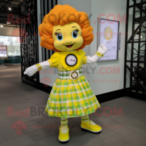 Lemon Yellow Irish Dancer mascot costume character dressed with a Flannel Shirt and Bracelet watches