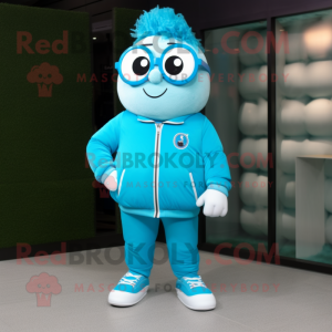 Cyan Juggle mascot costume character dressed with a Jacket and Reading glasses