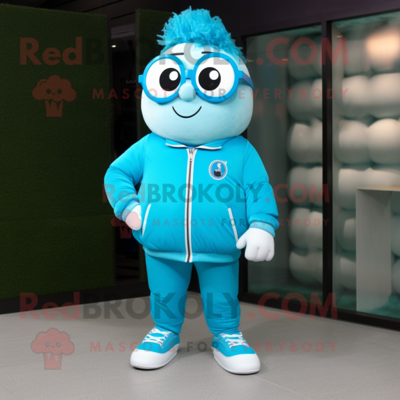 Cyan Juggle mascot costume character dressed with a Jacket and Reading glasses Cyan Juggle mascot costume character dressed with a Jacket and Reading glasses