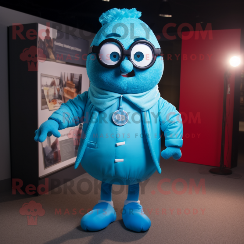 Cyan Juggle mascot costume character dressed with a Jacket and Reading glasses