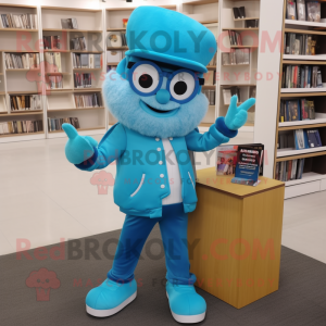 Cyan Juggle mascot costume character dressed with a Jacket and Reading glasses