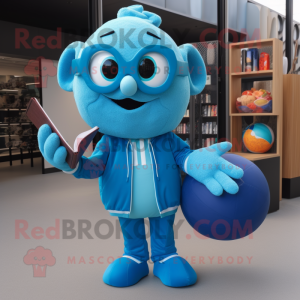 Cyan Juggle mascot costume character dressed with a Jacket and Reading glasses