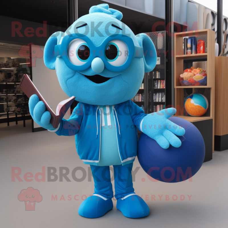 Cyan Juggle mascot costume character dressed with a Jacket and Reading glasses Cyan Juggle mascot costume character dressed with a Jacket and Reading glasses