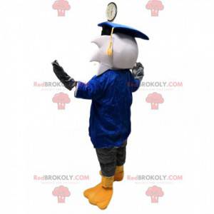 Gufi grigi mascotte con una giacca blu. Costume da gufi -