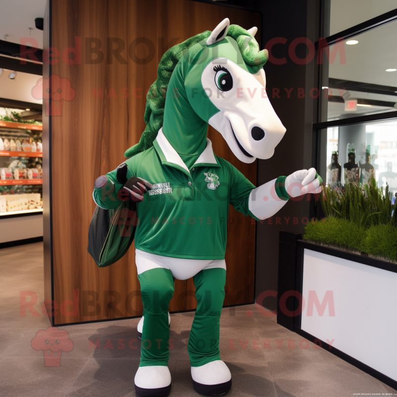 Forest Green Horse mascot costume character dressed with a Polo Shirt and Wraps Forest Green Horse mascot costume character dressed with a Polo Shirt and Wraps
