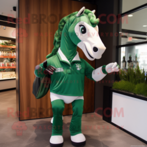 Forest Green Horse mascot costume character dressed with a Polo Shirt and Wraps