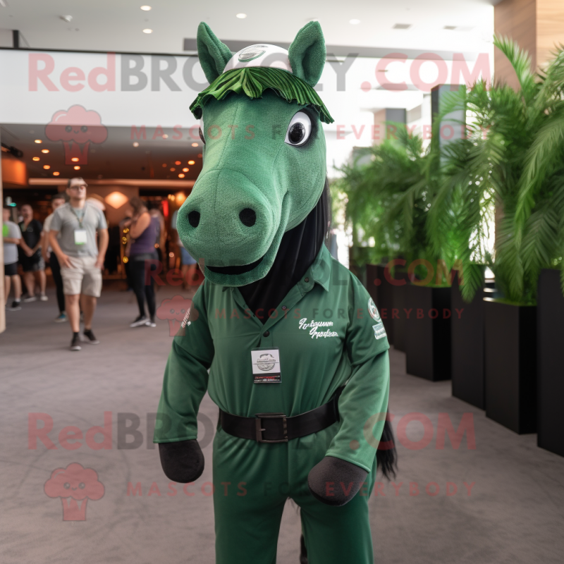 Forest Green Horse mascot costume character dressed with a Polo Shirt and Wraps
