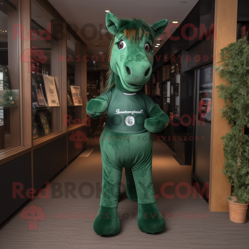 Forest Green Horse mascot costume character dressed with a Polo Shirt and Wraps Forest Green Horse mascot costume character dressed with a Polo Shirt and Wraps