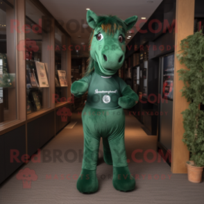 Forest Green Horse mascot costume character dressed with a Polo Shirt and Wraps