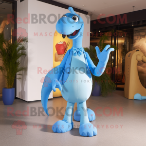 Sky Blue Diplodocus mascot costume character dressed with a Suit Pants and Shoe clips