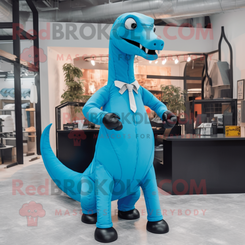 Sky Blue Diplodocus mascot costume character dressed with a Suit Pants and Shoe clips