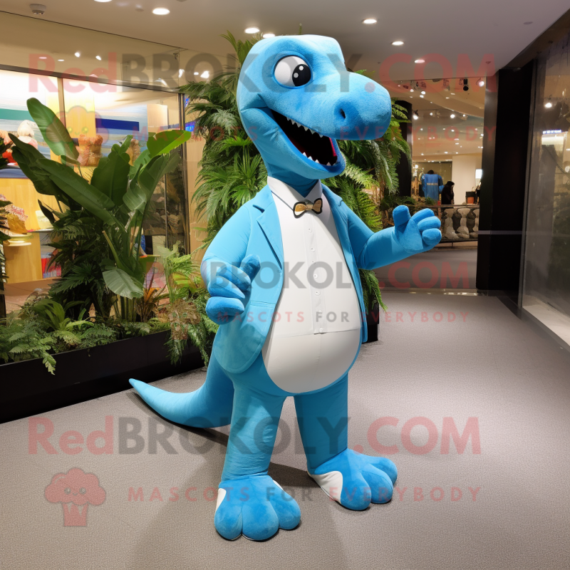 Sky Blue Diplodocus mascot costume character dressed with a Suit Pants and Shoe clips