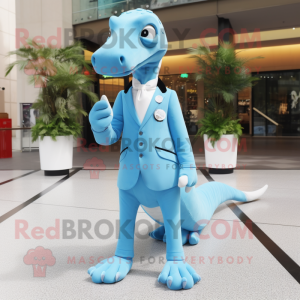 Sky Blue Diplodocus mascot costume character dressed with a Suit Pants and Shoe clips