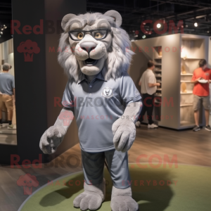 Gray Smilodon mascot costume character dressed with a Polo Tee and Eyeglasses