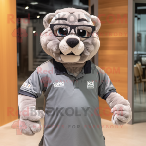 Gray Smilodon mascot costume character dressed with a Polo Tee and Eyeglasses