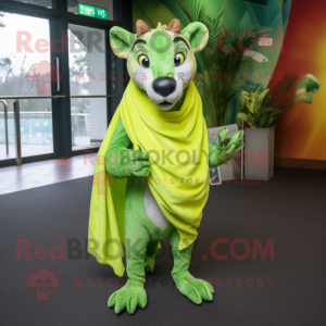 Lime Green Thylacosmilus mascot costume character dressed with a Evening Gown and Scarves