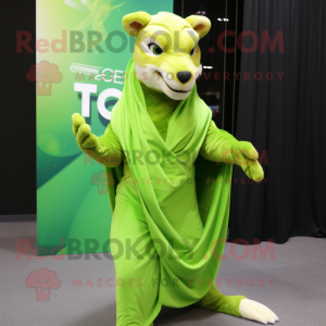Lime Green Thylacosmilus mascot costume character dressed with a Evening Gown and Scarves