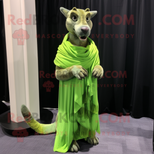 Lime Green Thylacosmilus mascot costume character dressed with a Evening Gown and Scarves