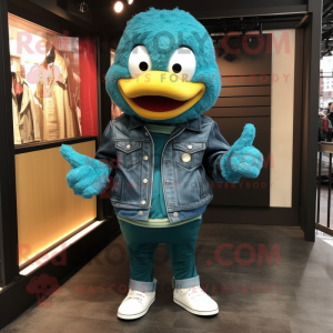 Teal Fried Rice mascot costume character dressed with a Leather Jacket and Shoe clips