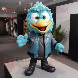 Teal Fried Rice mascot costume character dressed with a Leather Jacket and Shoe clips