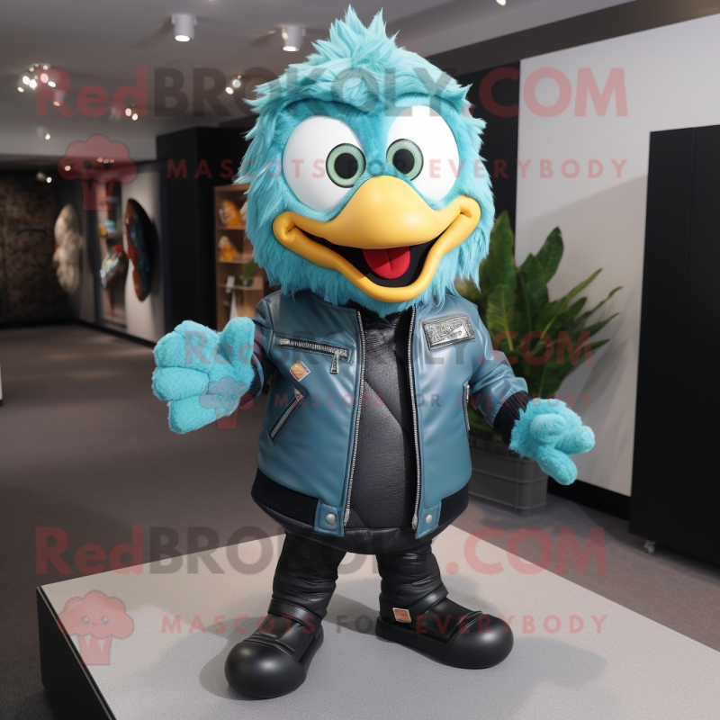 Teal Fried Rice mascot costume character dressed with a Leather Jacket and Shoe clips Teal Fried Rice mascot costume character dressed with a Leather Jacket and Shoe clips