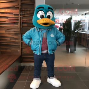 Teal Fried Rice mascot costume character dressed with a Leather Jacket and Shoe clips