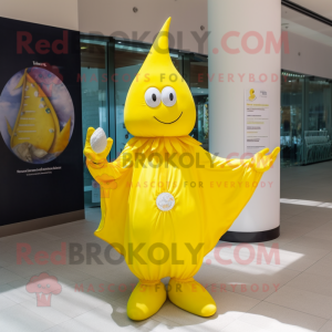 Lemon Yellow Magician mascot costume character dressed with a One-Piece Swimsuit and Necklaces